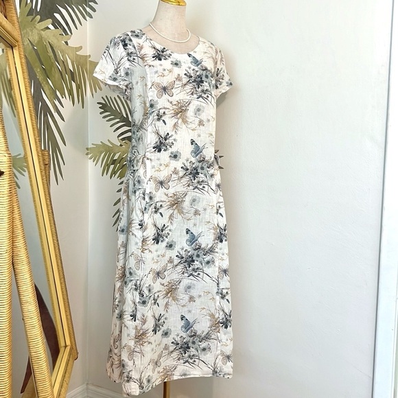 Yuvita, Butterflies & Tea Dress Luxury Linen Dress,Adorable Front Pockets,Size L - Picture 5 of 12